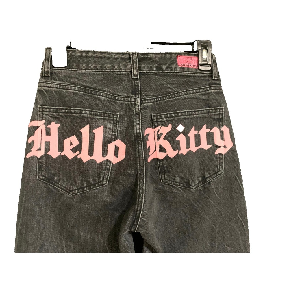 Rare HELLO KITTY & Bershka Collabo Black Distressed DENIM JEANS Size 2 EUC